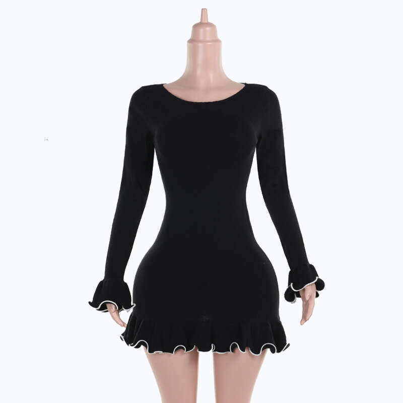 Women's Swimsuit Jf24232 Autumn 2024 New Style Color Contrast Wave Curled Edge A Swing Long Sleeve Woolen Dress For Women