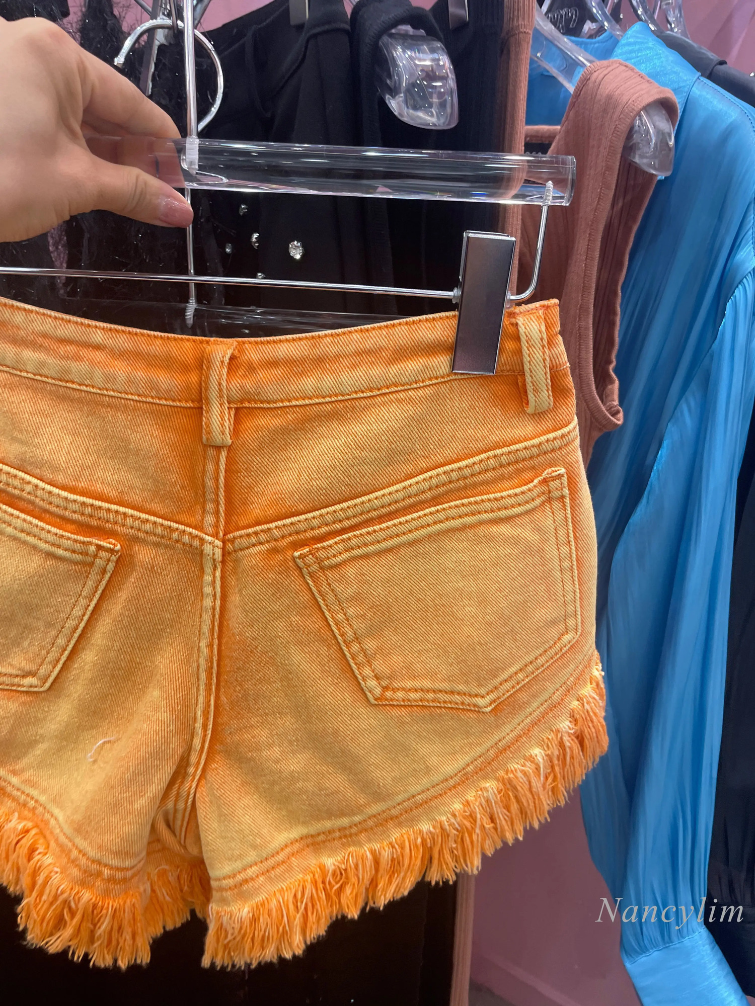 Orange Rhinestone denim shorts womens ruffled and fringed jeans pants womens high waisted summer wide leg shorts 250314