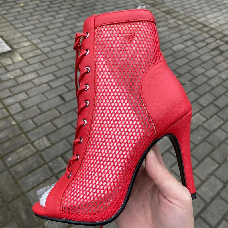Sexy High Heels Hollow Mesh Sandals Summer Fashion Trend Comfort Peep Toe Boots Stilettos Jazz Dance Female Shoes Plus Size 250317