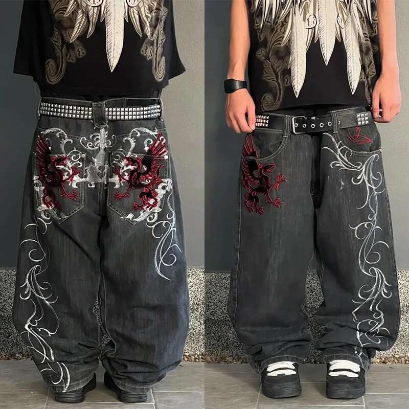 Streetwear Wide Leg Men Y2k Haruku Baggy Jeans Embroidery Pattern Hip Hop Vintage Denim Pants Straight Casual Trousers