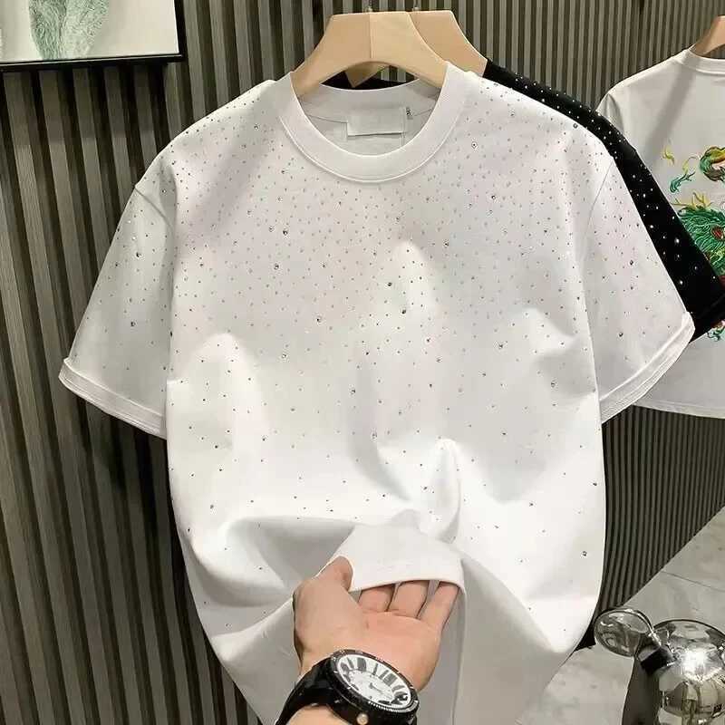 Summer mens clothing summer rhinestone rivet T-shirt round neck casual T-shirt Korean version mens short sleeved T-shirtT250318