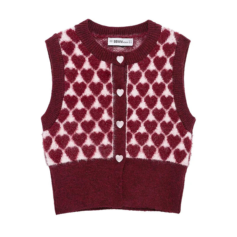 Willshela Womens Fashion Heart Printed Single Chest Knitted Vest Retro Oneck Sleeveless Top 250318