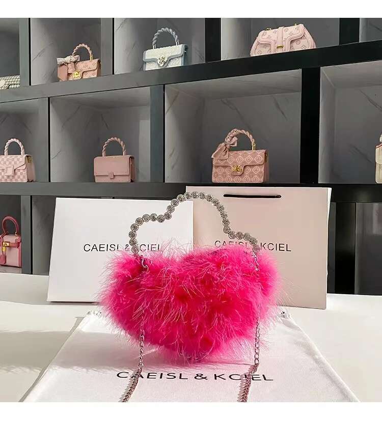Designer Ostrich Hair Women Handbag Crystal Shiny Rhie Dia Evening Wedding Party Clutch Purse Crossbody Bag