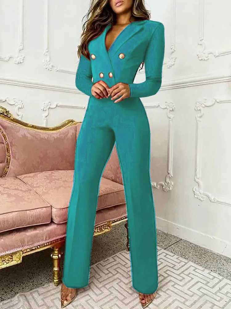 New solid color set collar long Slve womens jumpsuit autumn fashion button simple ultra-thin office womens jumpsuit X250318