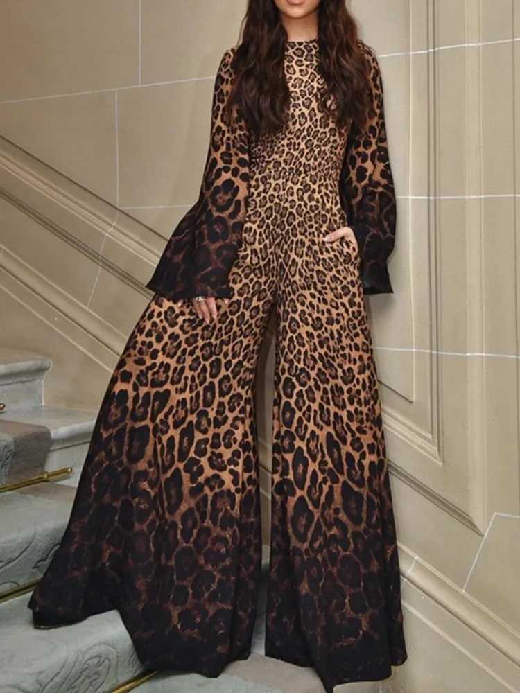 Fracy Leopard Printed Womens jumpsuit 2024 autumn fashion round neck lapel Slves wide leg loose one-piece set X2503181