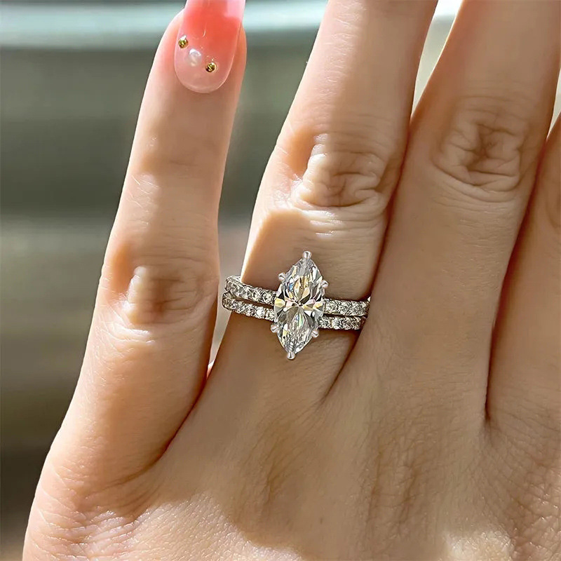 Rulalei Brand Drop Ship Sparkling Wedding Rings Jewelry Sterling Sier Marquise 5A Cubic Zircon Dia Gemstones Party Eternity Women Couple Ring Set