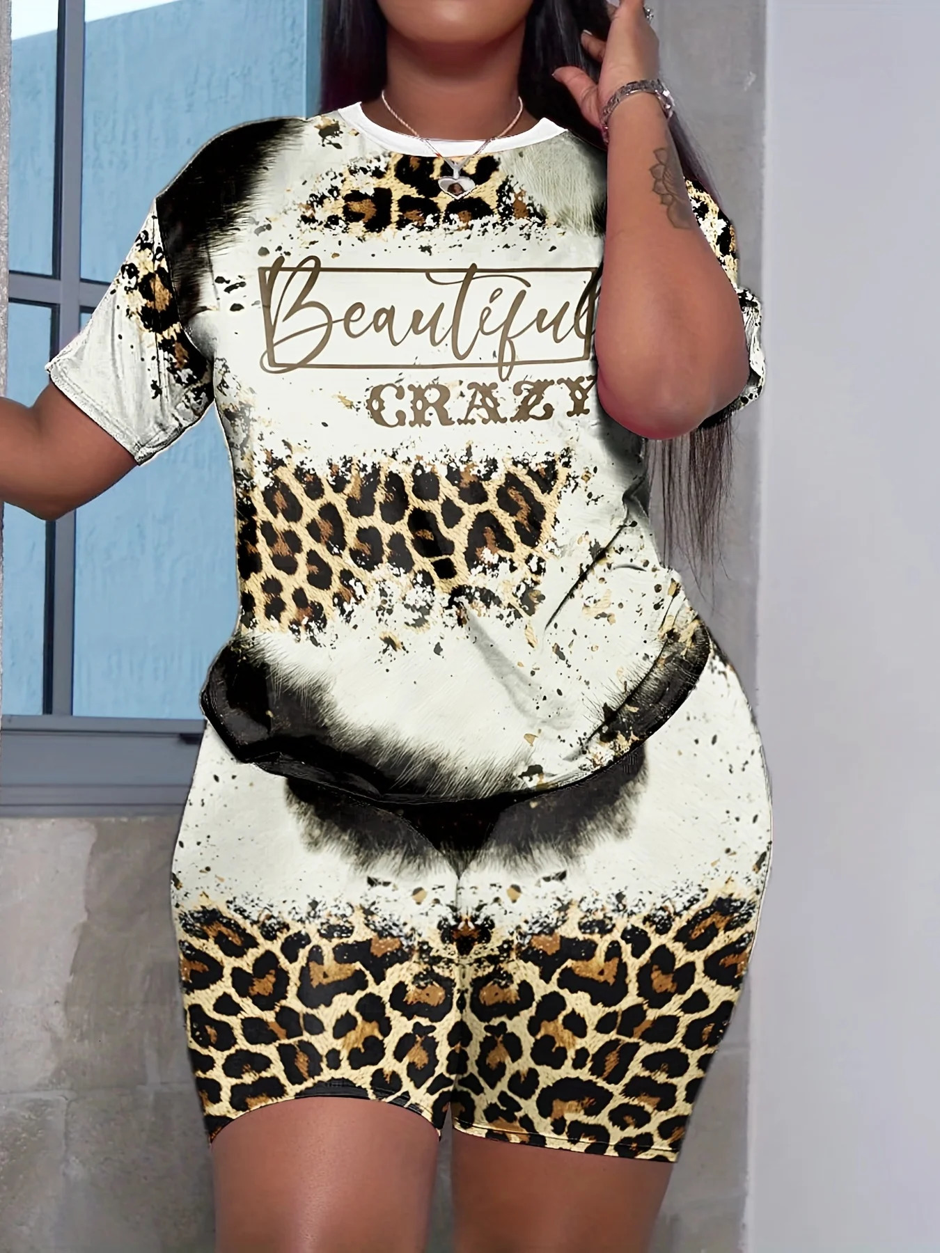 Plus Size Summer Fashion Outfits 2 Piece Set Womens Leopard Print With Letter Print Short Sleeve Tee Shorts Leggings Clothing 250318