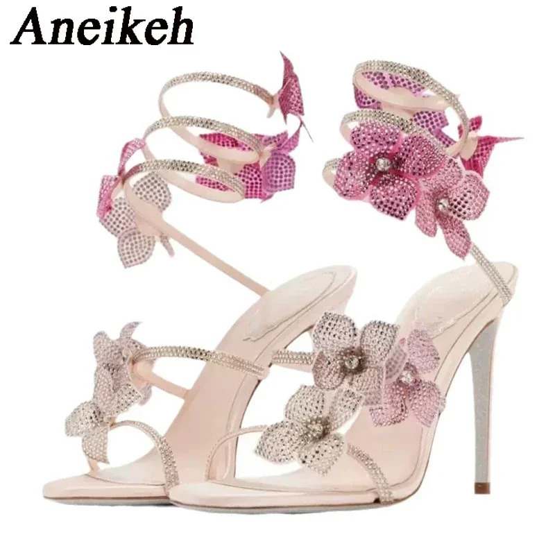 Aneikeh Sexy CRYSTAL Flower Narrow Band Ankle Strap Sandals Woman Thin High Heels Street Style Pole Dancing Ladies Shoes 250318