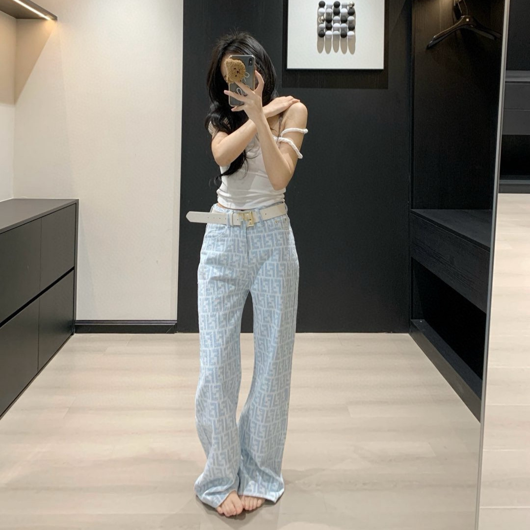 Basic & Casual Dresses Spring/summer Ff Double f Letter Color Thread Jacquard Cowboy Straight Leg Pants