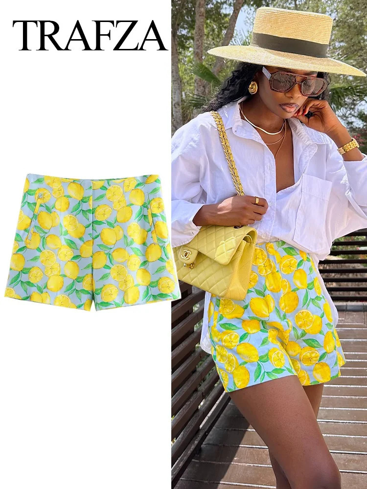 TRAFZA Women Yellow Lemon Print Casual Shorts Y2k Woman Fashion Summer High Waist Zipper Slim Shorts For Beach Party 250318
