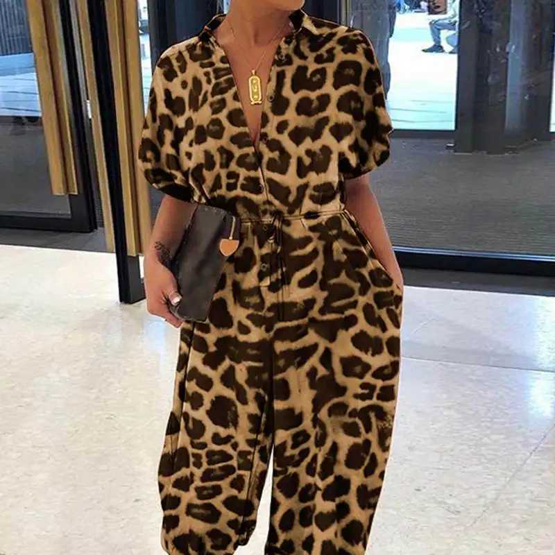 Womens New Jumpsuit Long Fashionable Leopard Print Jumpsuit Womens Retro Short Slved Button Casual Loose Pants Jumpsuit X250318