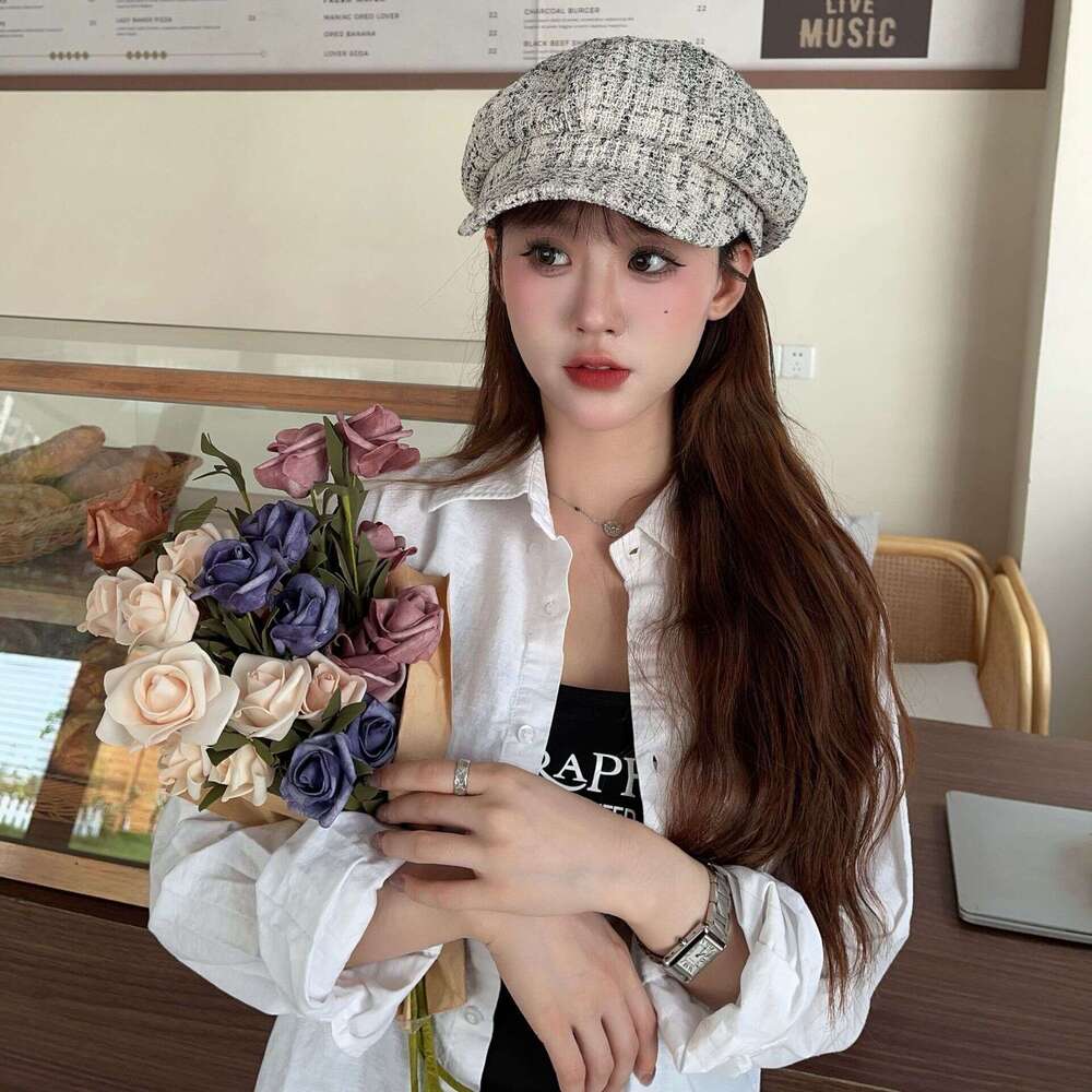 New autumn and winter small fragrant style coarse ral octagonal fashionable atmosphere, eye-catching newspaper, hat, duck tongue beret, children'
