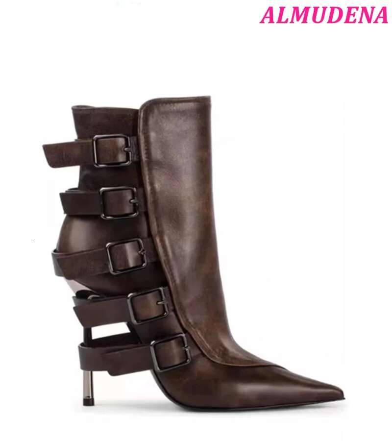 Vintage Sexy Metal Heels Leather Ankle Boots Women's Pointed Toe Buckled Zipper Knee High Boot Designer Black Shoes