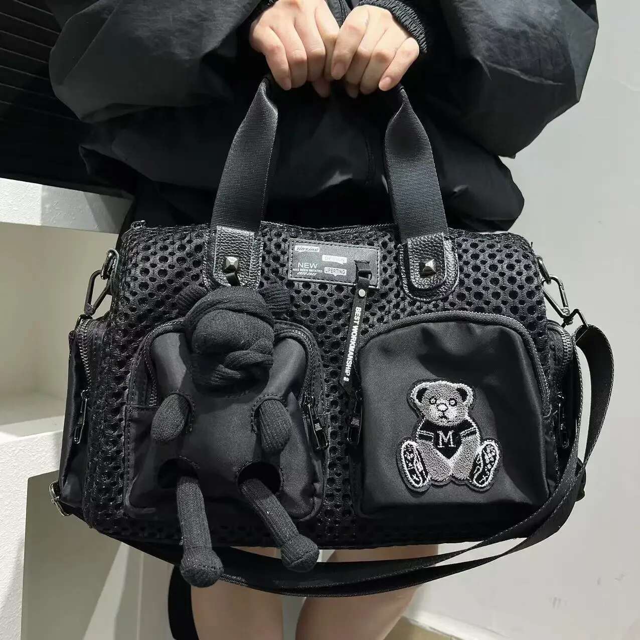 Ladies' Fashionable Mesh Splicing Casual Handbag With Multiple Pockets, Teddy Bear Doll, Single Shoulder Diagonal Cross Bag