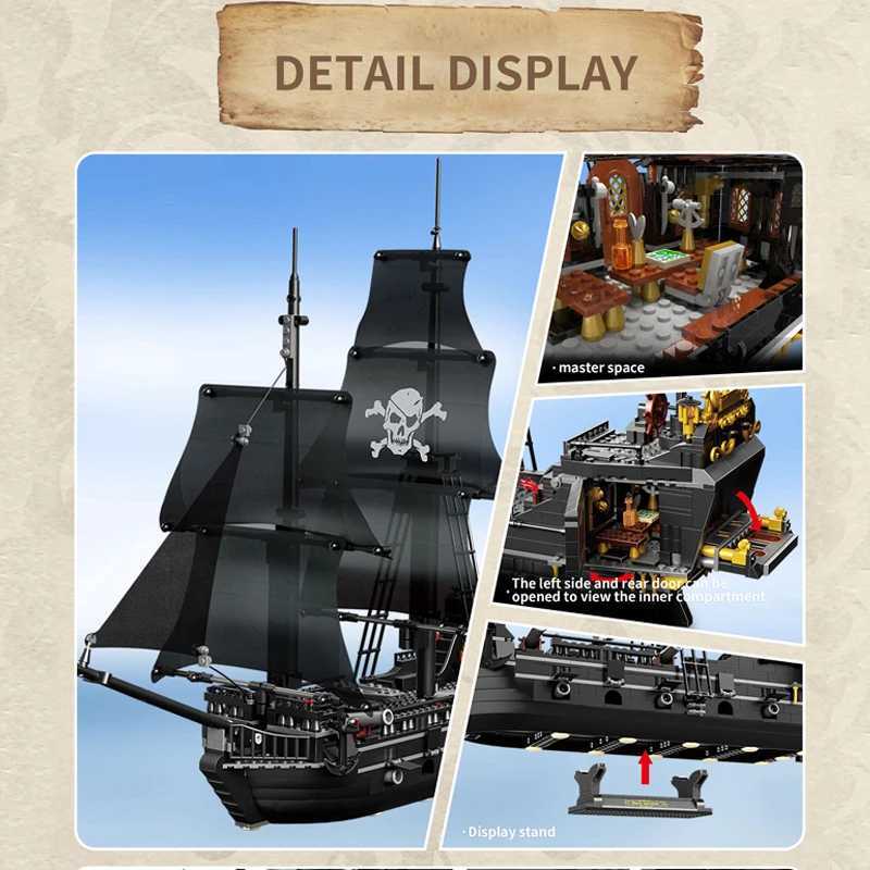 1424PCS Black Pirate Ship Building Blocks Skeleton Ghost Boat Model Assembly Bricks Toys Desktop Decoration Kids Holiday GiftsXJ250318