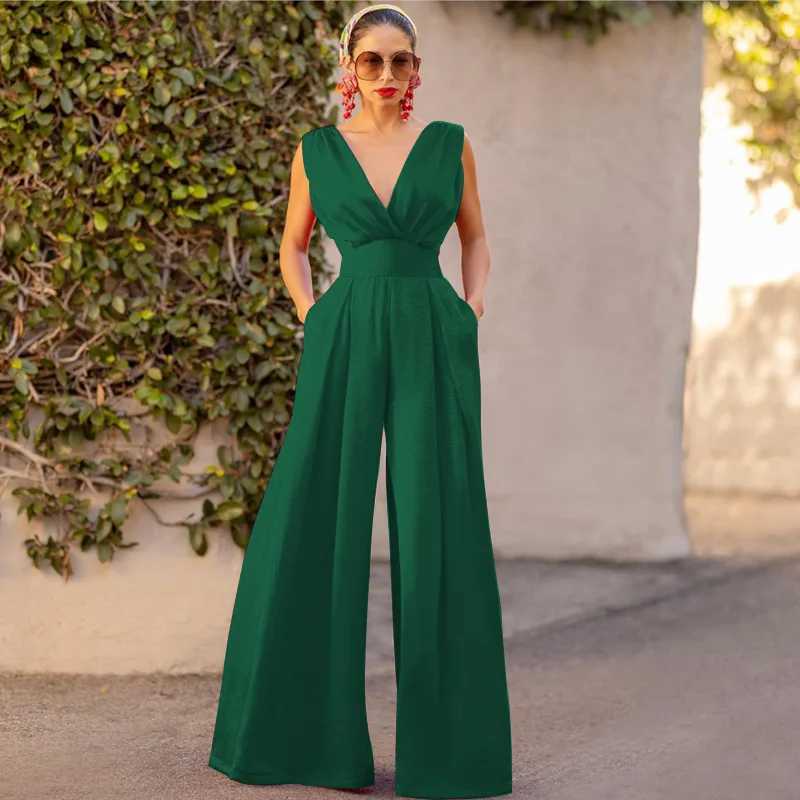 2025 European and American fashion summer new ultra-thin jumpsuit high waist slimming straight leg wide leg pants suitable for women X250318
