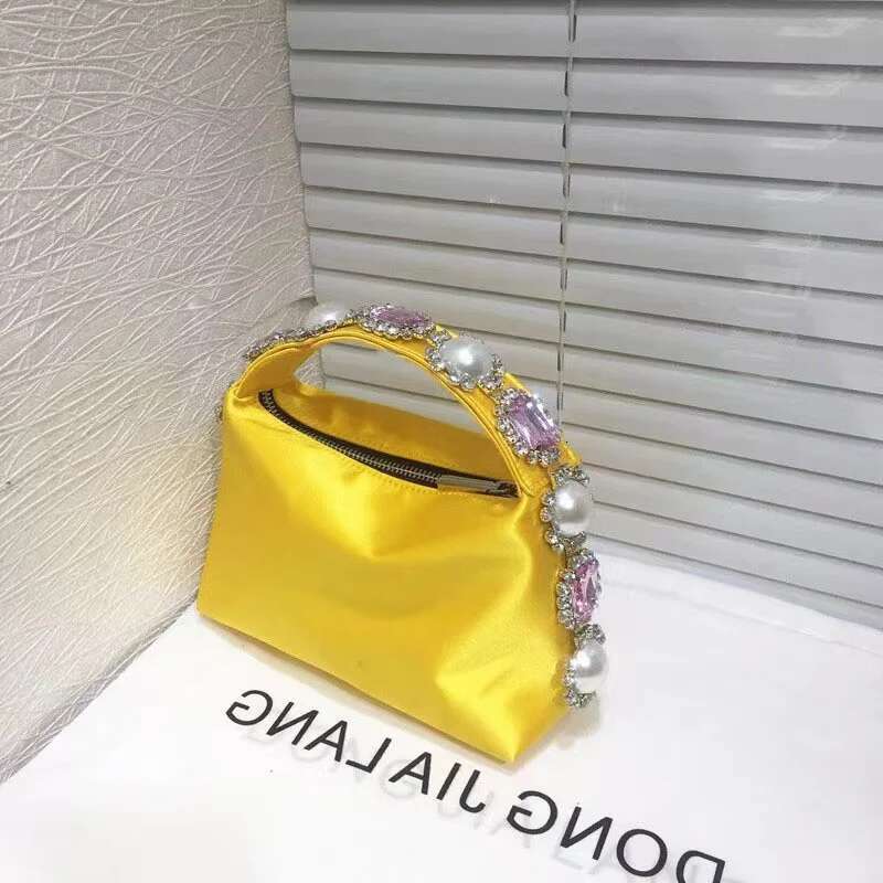 High Quality Women's Handbag Satin Hobo Crystal Shiny Dias Pearl Beaded Evening Bag Wedding Party Clutch Purse
