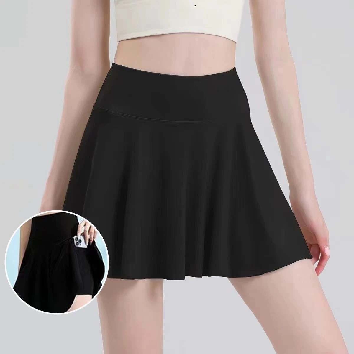 Women Pleated Tennis Skirt Solid Two Sports Skirts High Waist Pockets Gym Jogging Sport Shorts Summer Spring Casual Skirts 250318