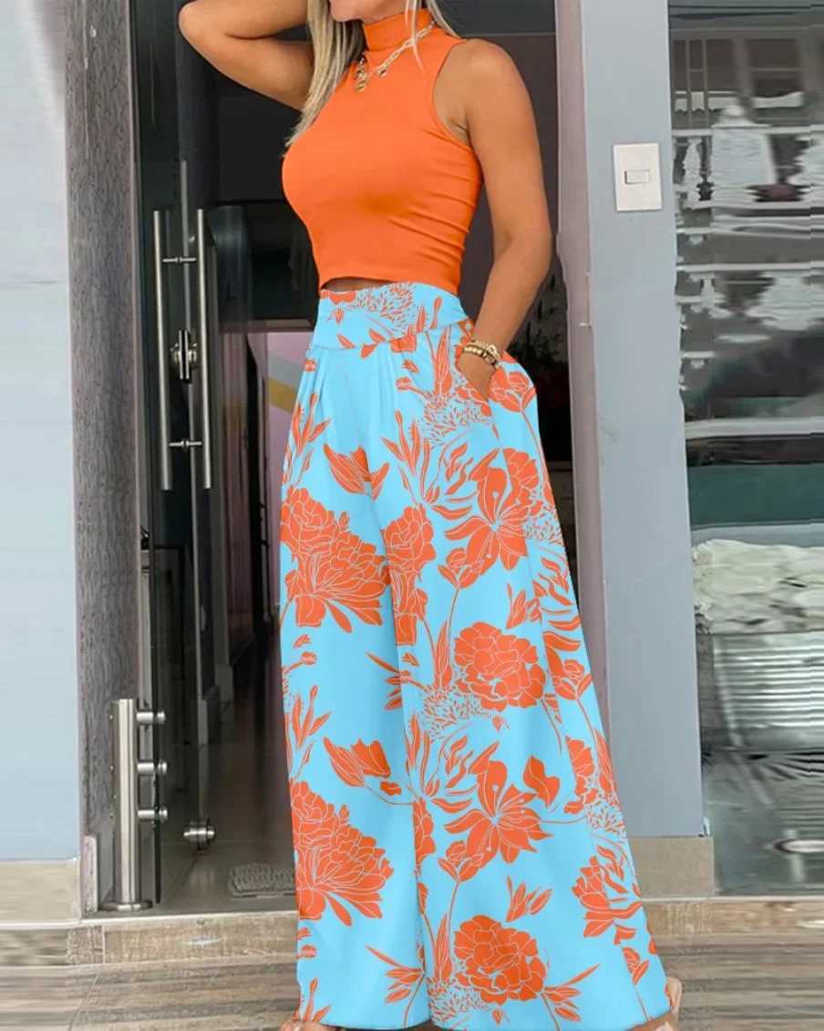Womens loose wide leg pants jumpsuit full pants high waisted non-woven printed fashionable casual jumpsuit X250318