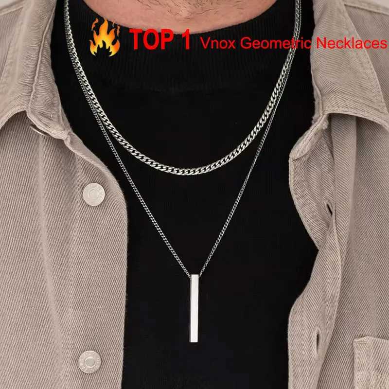 Vnox 3D Mens Vertical Bar Necklace Layered Stainless Steel Geometric Pendant Layered Wheat Rope Cuban Chain Boys Collar W250318