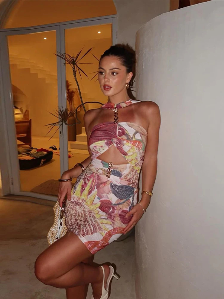 Chic Print Metal Ring Buckle Splicing Women Mini Dress Sexy Hollow Out Backless Fold Slim Dresses Lady Evening Party Gown 250318
