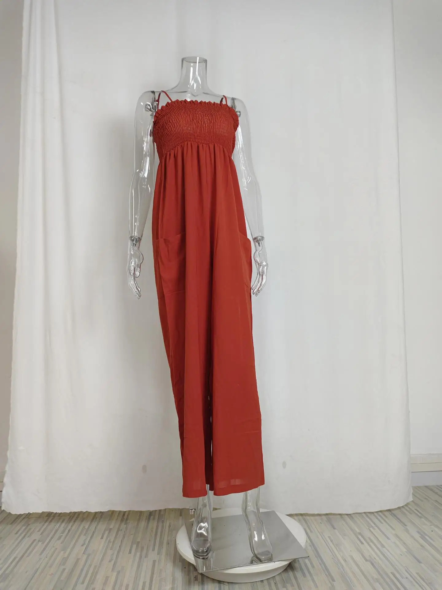 Womens Jumpsuit Suspender Straps Pleated High Waist Wide-leg Pocket Fashion High Street One Piece Pants Set 250314