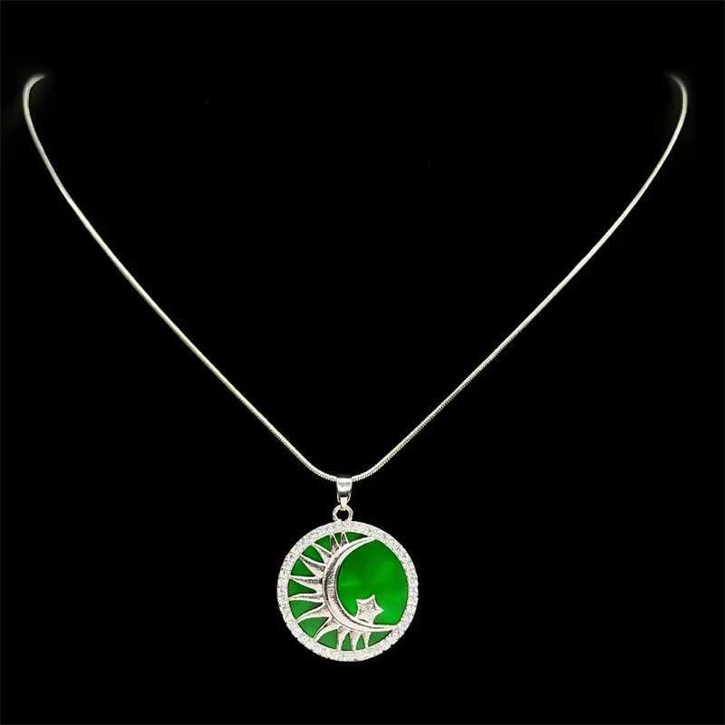 Sun Moon Star Womens Pendant Necklace Stainless Steel Water Diamond Green Magic Womens Charm Chain Jewelry Gift W250318