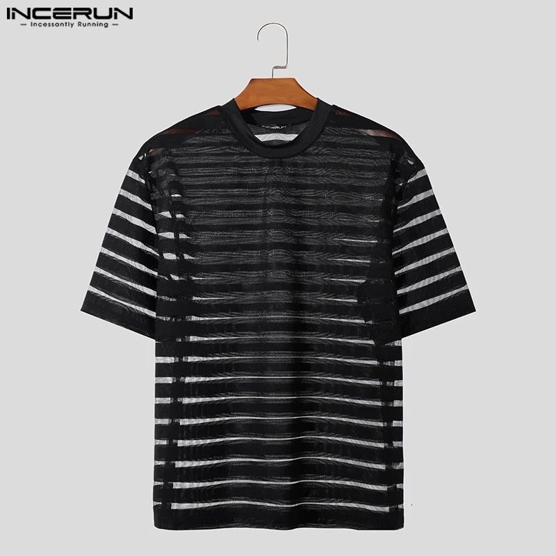Men T Shirt Mesh Striped O-neck Short Sleeve Transparent Men Clothing Streetwear Sexy Korean Fashion Tee Tops S-5XL INCERUN 250318