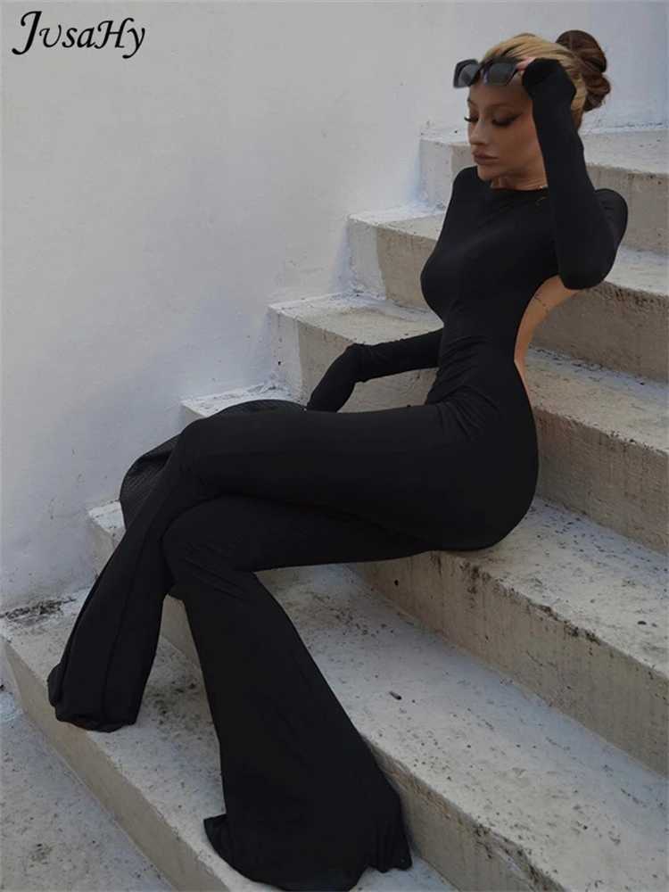 JuSaHy Summer Y2K Solid Black Basic Bodysuit for Women Fashion Long Slves Halter Backless Flare Pants Simple Casual Strtwear X250318