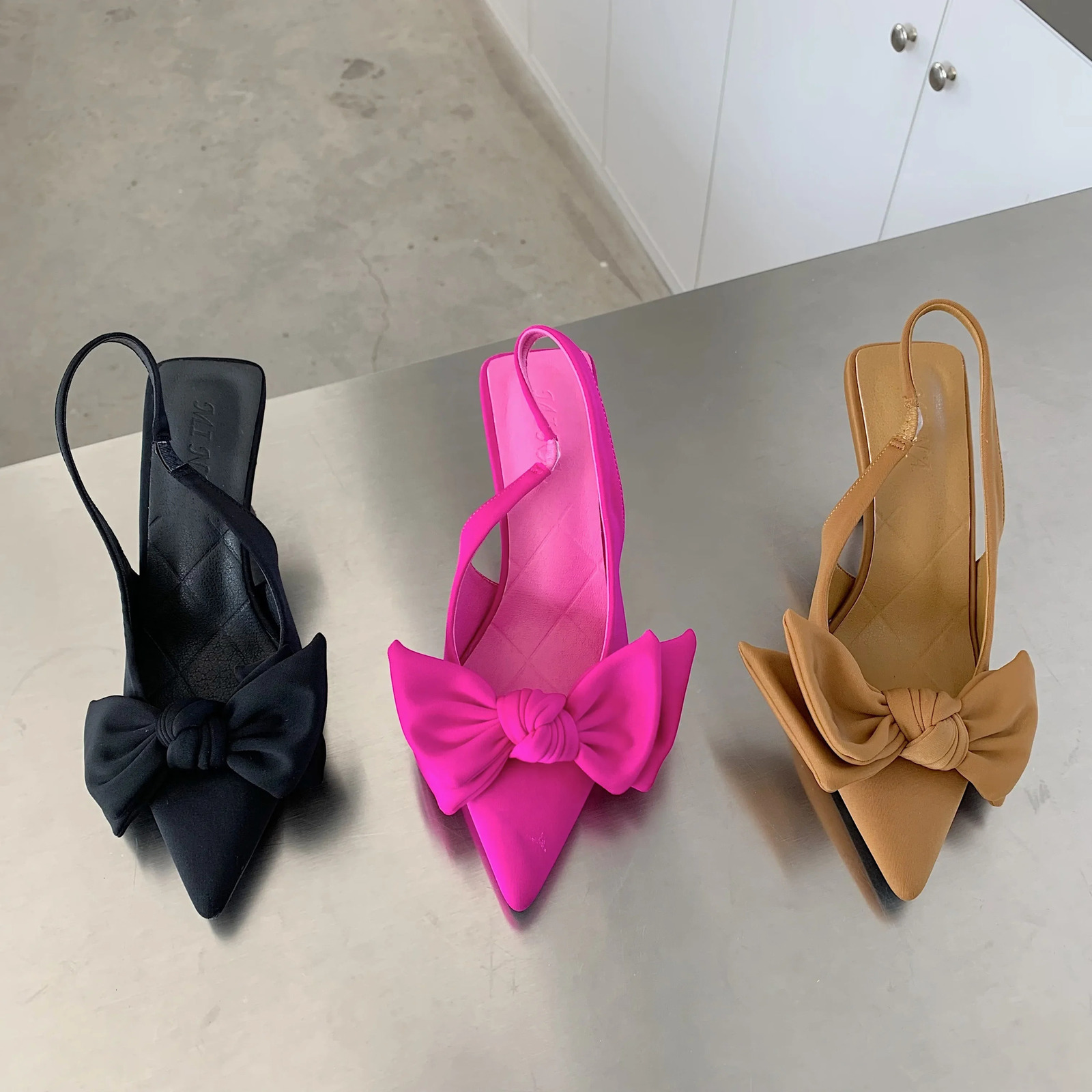 2025 Summer Women Slingback Sandals Heeled Shoes Fashion Bow-knot Pointed Toe Slip on Ladies Elegant Dress Pumps Shoes 250318