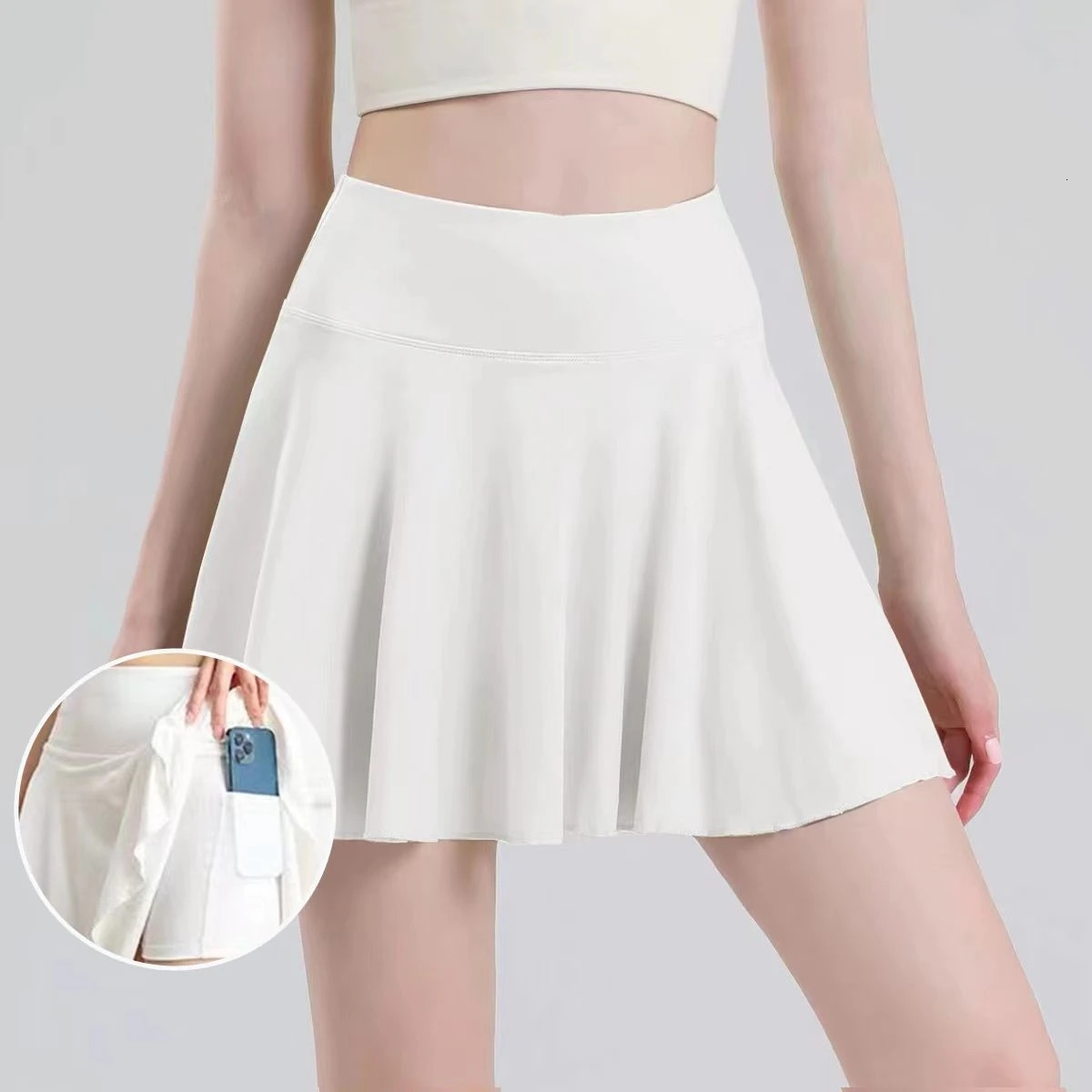Women Pleated Tennis Skirt Solid Two Sports Skirts High Waist Pockets Gym Jogging Sport Shorts Summer Spring Casual Skirts 250318