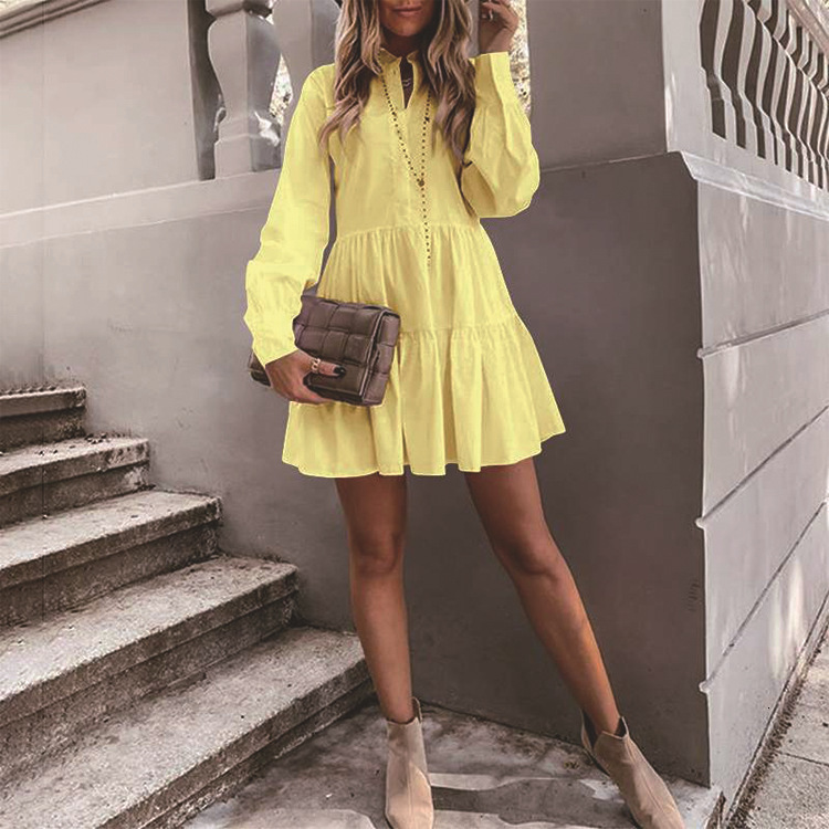 Womens Yellow Cotton Shirt Dress Lapel Collar Puff Sleeves A-line Pleated Dress Casual Above Knee Sweet Dress 250113