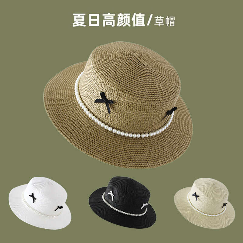 Flat topped straw women's French pearl bow, flat edge hat, beach vacation style, sun protection hat