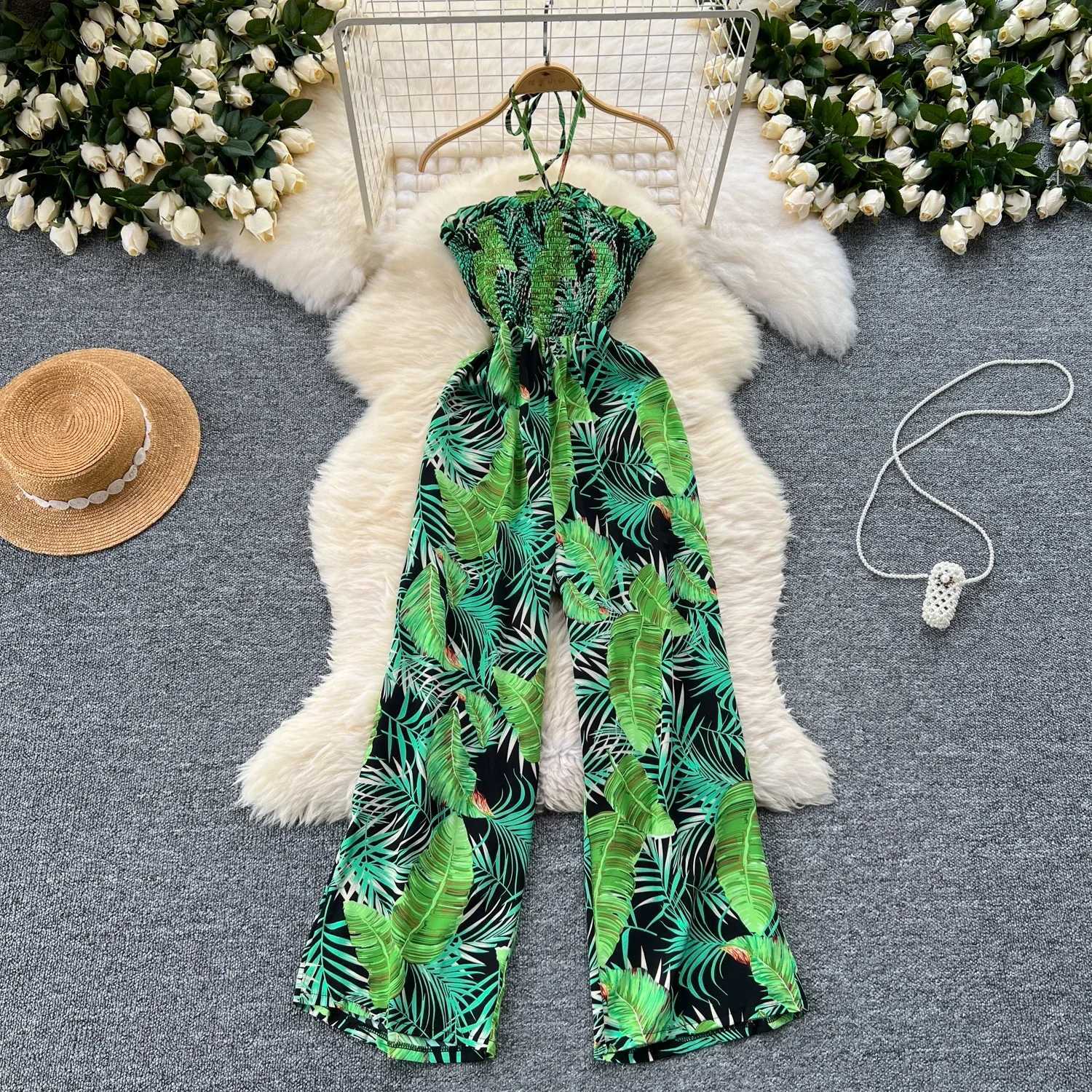 2024 New Summer Sexy Bohemian Leaf Printed jumpsuit Womens sleeveless sexy long jumpsuit sleeveless casual holiday beach jumpsuit X250318