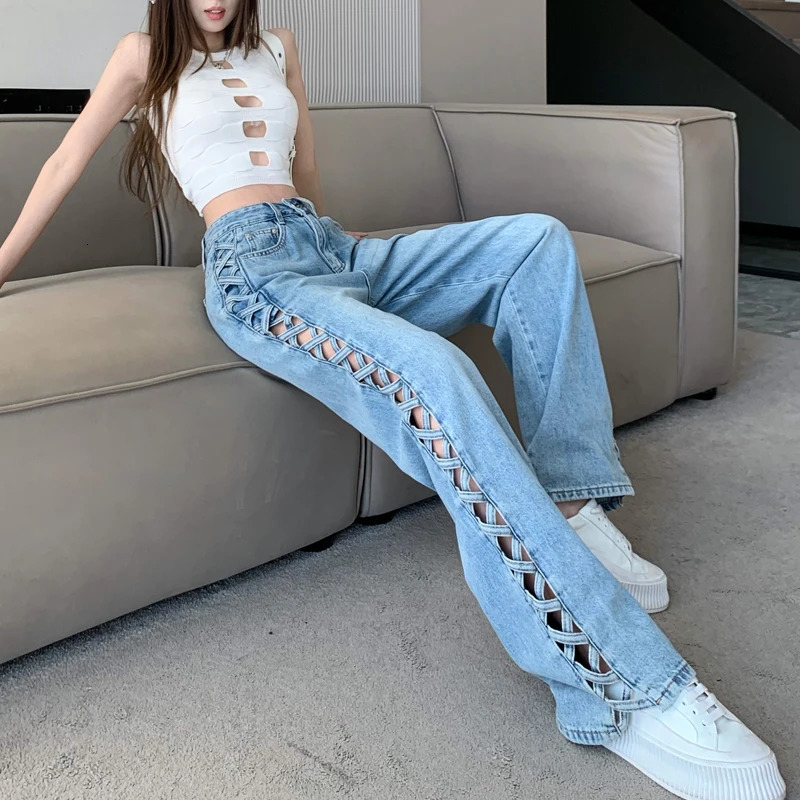 woven hollow womens jeans high waisted straight denim pants spring and summer casual wide leg Trouser strtwear Z260313
