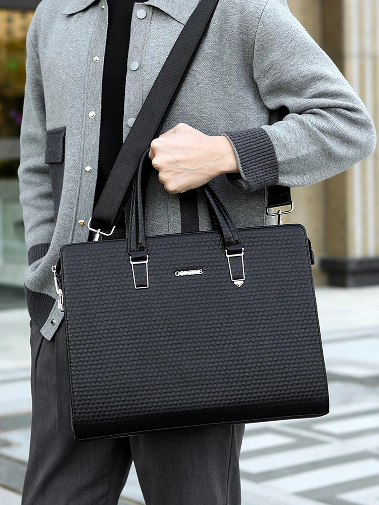 mens briefcase PU leather high-quality administrative document office shoulder investment portfolio large capacity business side bag 250317