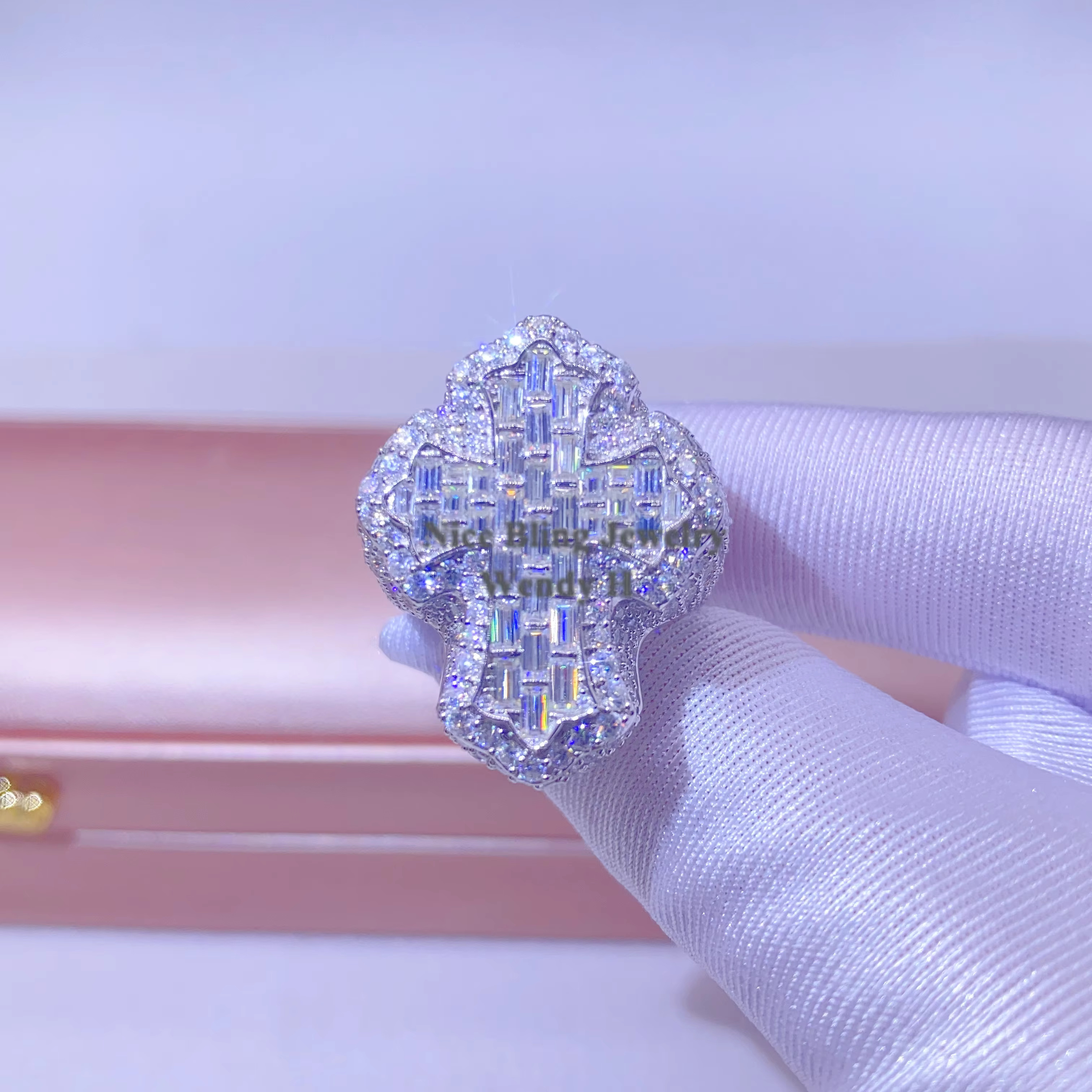 Gold Plated baguette Style Cross Vvs Moissanite Diamond 925 Sterling Silver Rings for Men Hip Hop Fashion Jewelry Ring