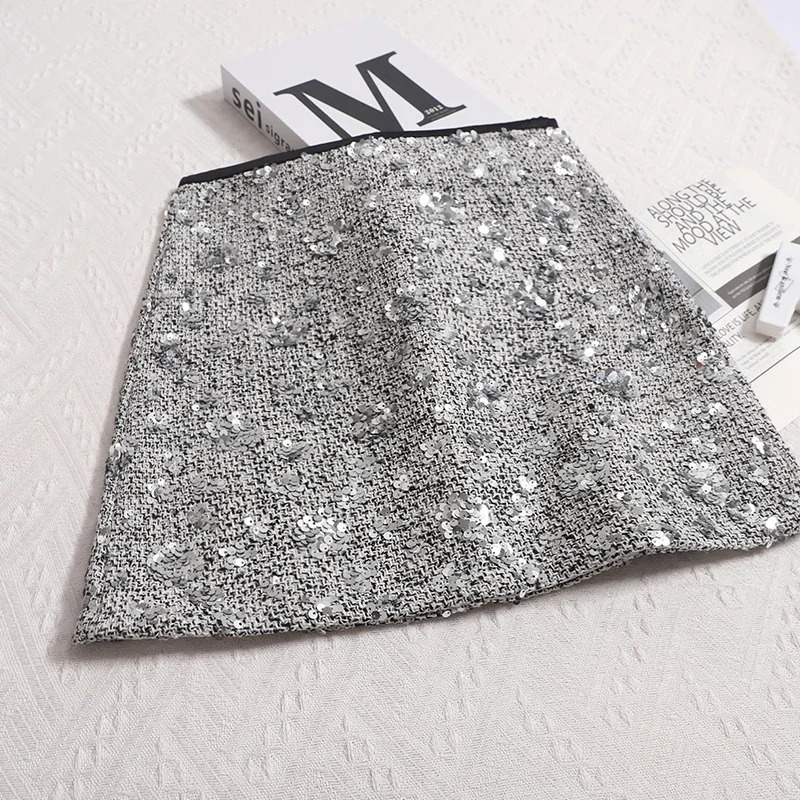 Women Sexy Sequined Mini Skirt High Waist Slim A-line Short Skirt Small Fragrant Wind Beads Flower Tweed Temperament 250318