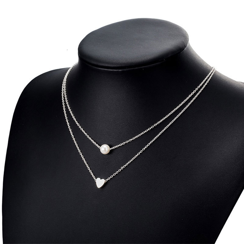 Love Imitation Pearl Pendant Double Necklace Women's Multi-layer Choker Collarbone Chain Jewelry