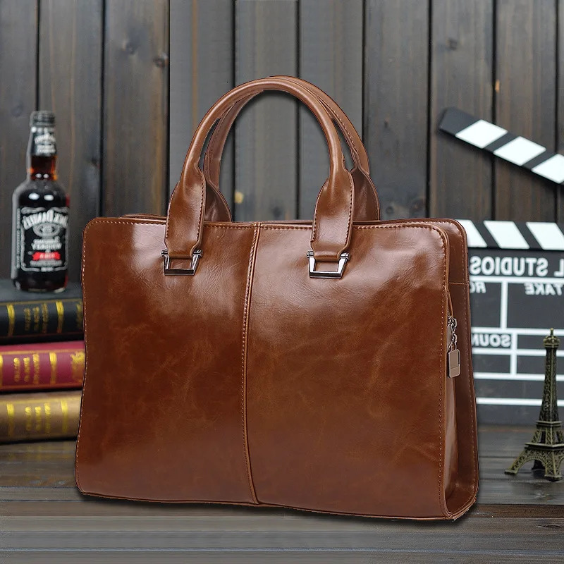 Mens business office briefcase computer handbag mens PU leather handbag mens large solid shoulder bag black retro bag 250317