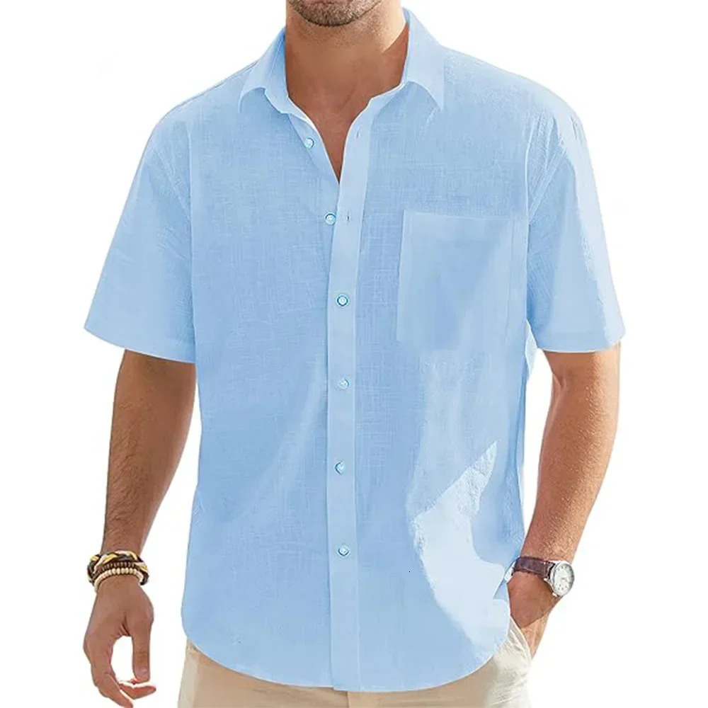 Mens Solid Color Cotton Linen Short Sleeve Shirts Vacation Beach Summer Tops with Pocket Casual Lightweight Button Shirts 250318