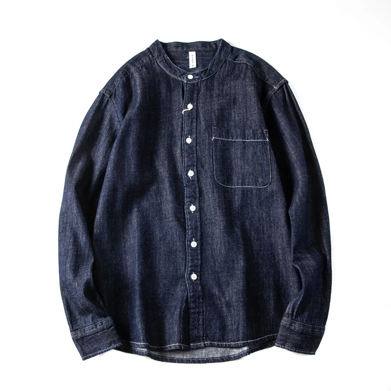 Spring/Autumn Casual Loose Laundry Denim Collarless Mens Long Sleeve Japanese Retro Work Clothes Top for Young Men 250317