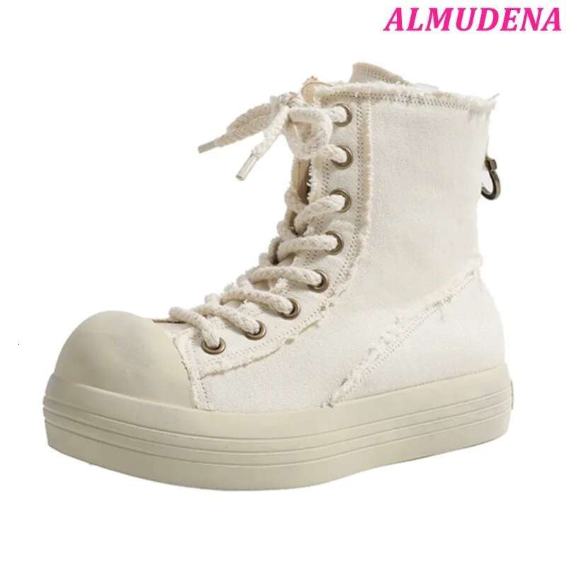 Big Round Toe White Canvas Shoes Lace Up Soft Black Ankle Boots Women's Sneakers Summer New In Designer Causal Dress Shoe