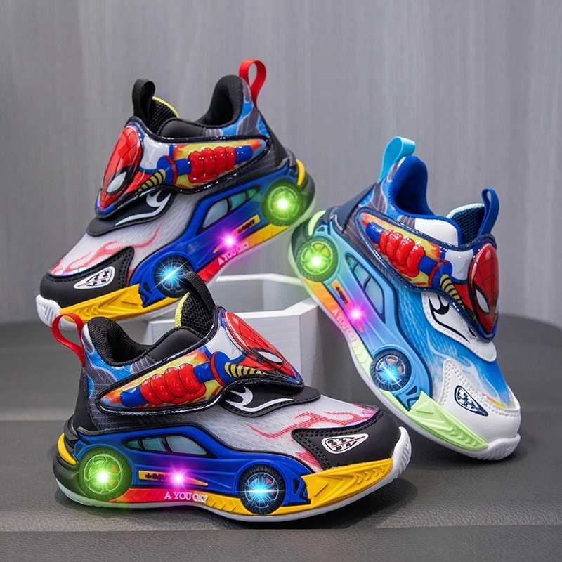 LED boys casual shoes outdoor mesh childrens Spider Man sports shoes childrens sports shoes light anti slip running shoes size 26-35 W250318