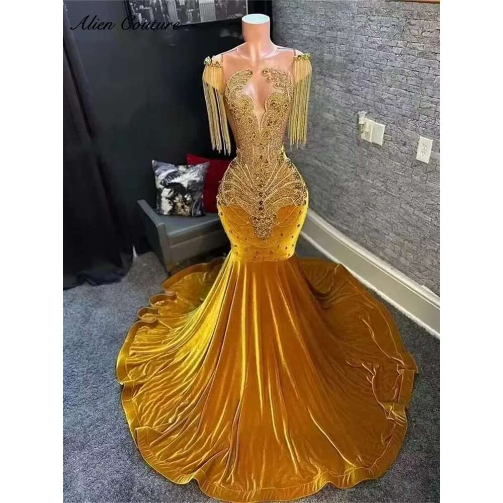 Exquisite Gold Velour Long Mermaid Prom Dress 2025 Glitter Beads Rhies Dias Tassels Birthday Party Gown Customized Dr0318