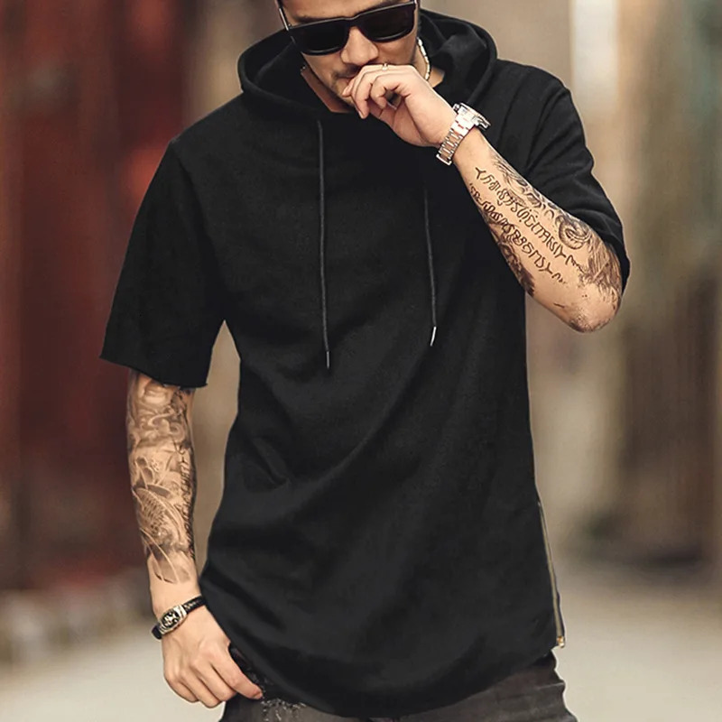 Mens Solid Color Short Sleeved Hoodie T-shirt Loose Hip-hop Curved Hem Side Zipper Casual T-shirt Mens Fashion 250317