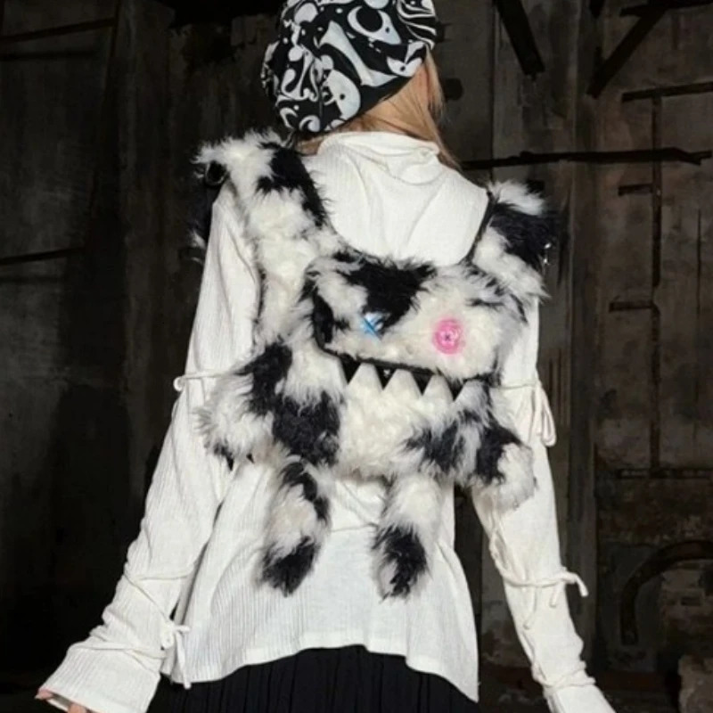 Korean Contrast Color Casual Women Backpack Trendy All Match Faux Fur Schoolbags Vintage Fashion Fluffy Backpacks Y2k Aesthetic 250318