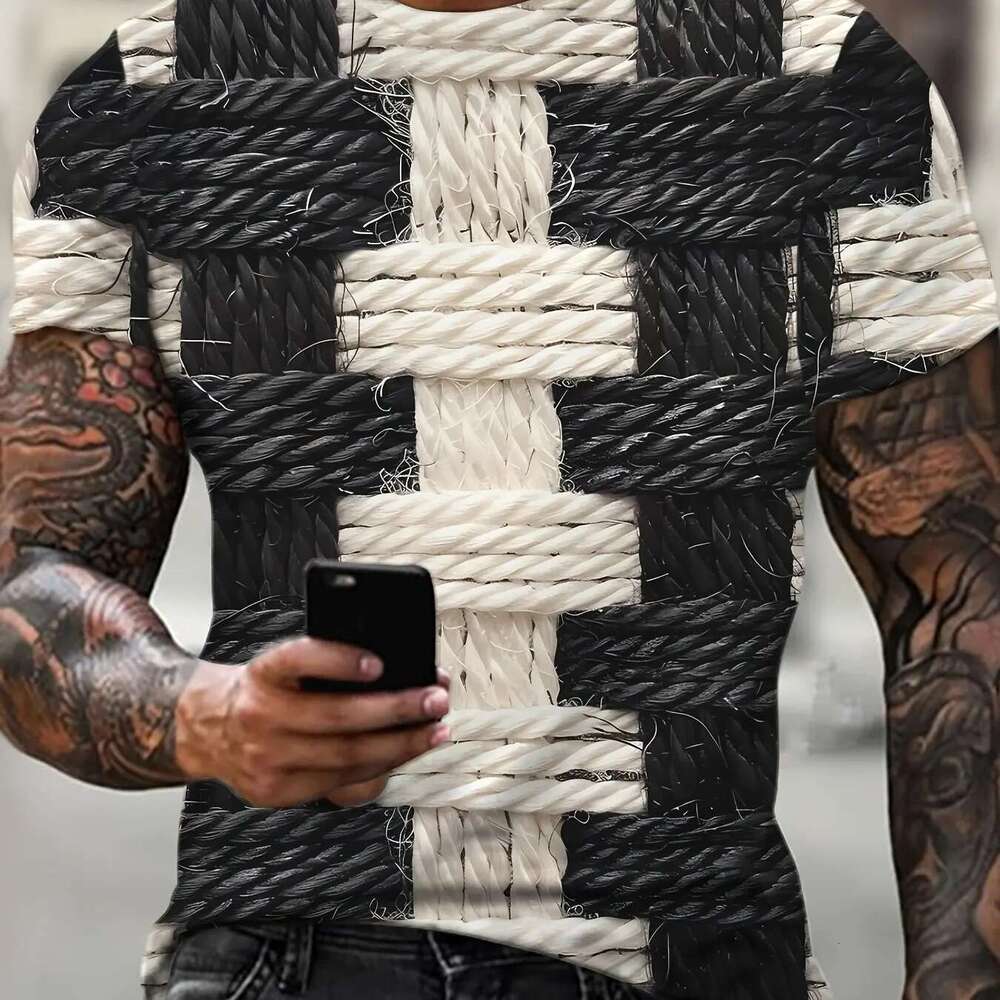 Men's 3D printed striped T-shirt, round neck, short sleeved top, sporty style, summer fashion trend, big