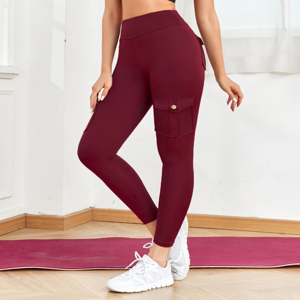 Multi pocket cargo pants pencil high stretch yoga legs nude compression fitness work clothes womens casual 250317