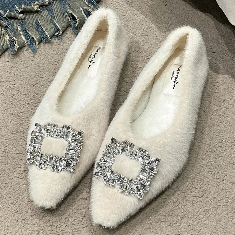 Winter Fur Flats Shoes Woman Crystal Pointed Toe Slip on Ladies Flat Shoes Female Sexy Boat Shoes Mocasines er 250318